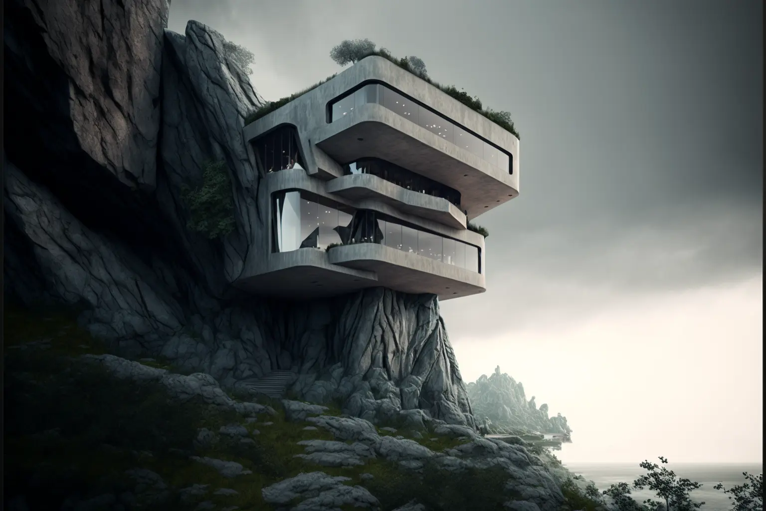 modern villa embedded into the side of a cliff, architectural photography, style of archillect, futurism